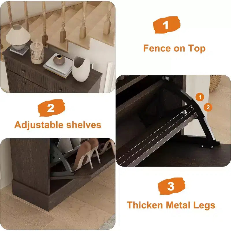 COZONY 42 Fluted Shoe Storage Cabinet with 2 Flip Drawers & Top Drawer, Narrow Wooden Organizer for Entryway