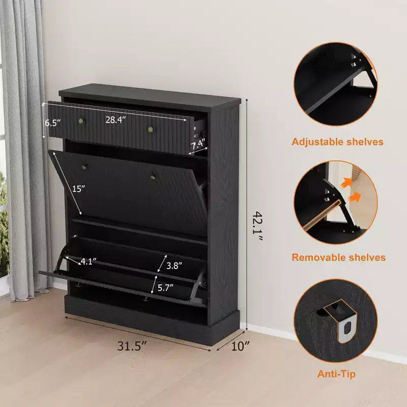 COZONY 42 Fluted Shoe Storage Cabinet with 2 Flip Drawers & Top Drawer, Narrow Wooden Organizer for Entryway