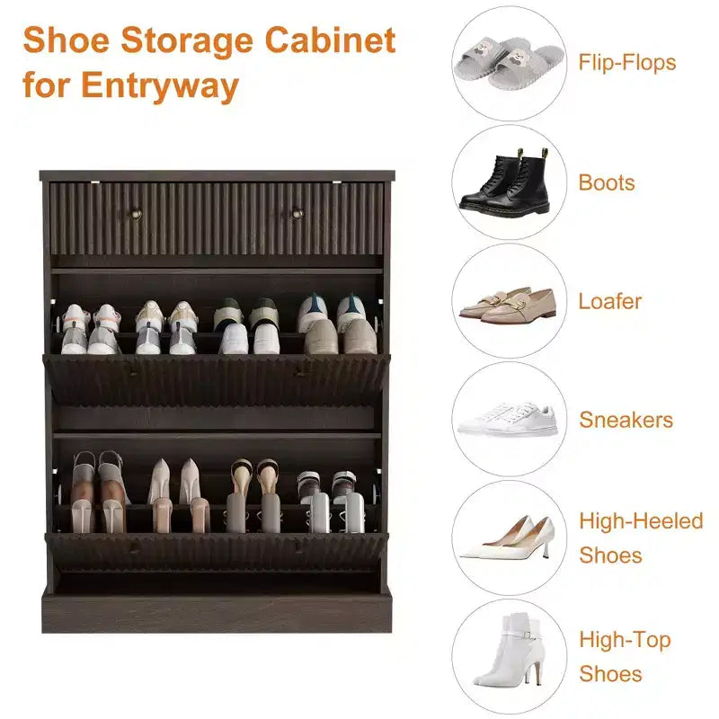 COZONY 42 Fluted Shoe Storage Cabinet with 2 Flip Drawers & Top Drawer, Narrow Wooden Organizer for Entryway
