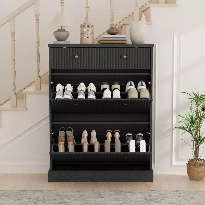 COZONY 42 Fluted Shoe Storage Cabinet with 2 Flip Drawers & Top Drawer, Narrow Wooden Organizer for Entryway