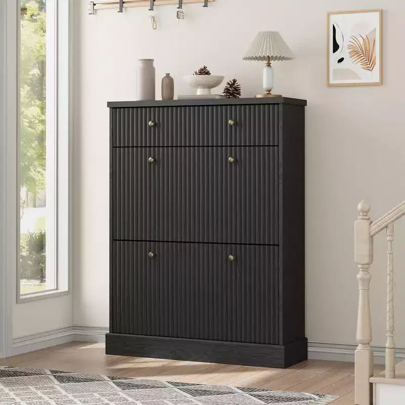 COZONY 42 Fluted Shoe Storage Cabinet with 2 Flip Drawers & Top Drawer, Narrow Wooden Organizer for Entryway