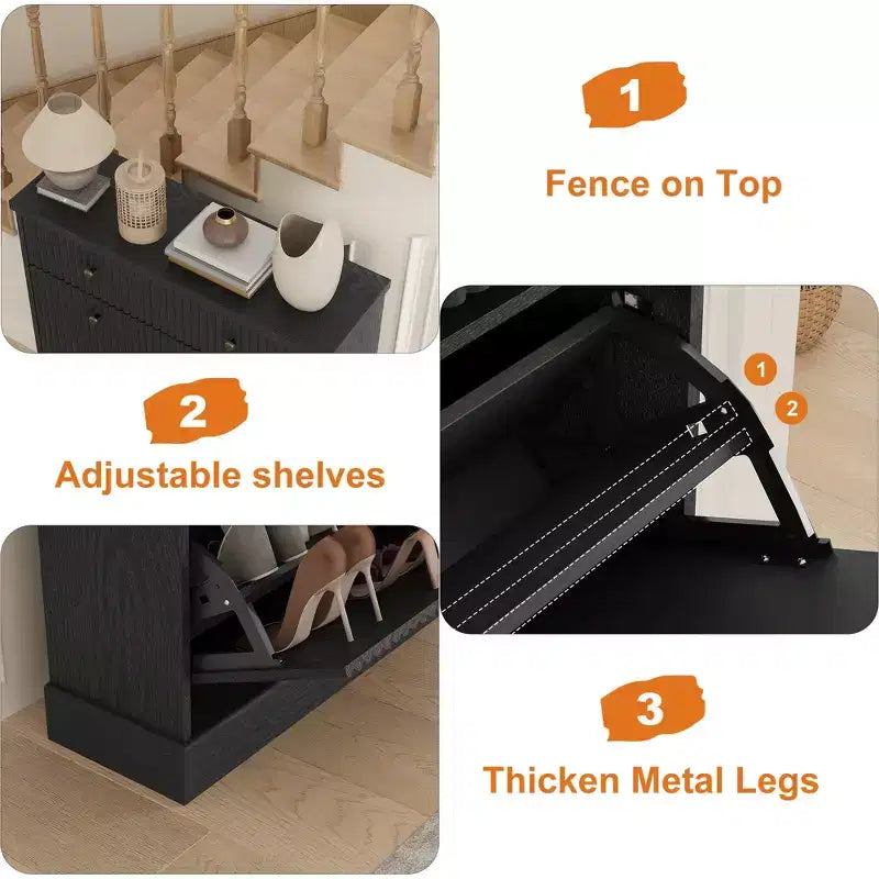 COZONY 42 Fluted Shoe Storage Cabinet with 2 Flip Drawers & Top Drawer, Narrow Wooden Organizer for Entryway