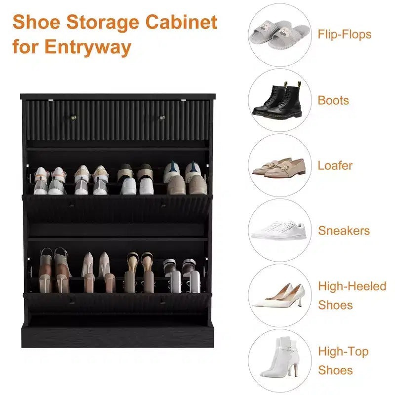 COZONY 42 Fluted Shoe Storage Cabinet with 2 Flip Drawers & Top Drawer, Narrow Wooden Organizer for Entryway