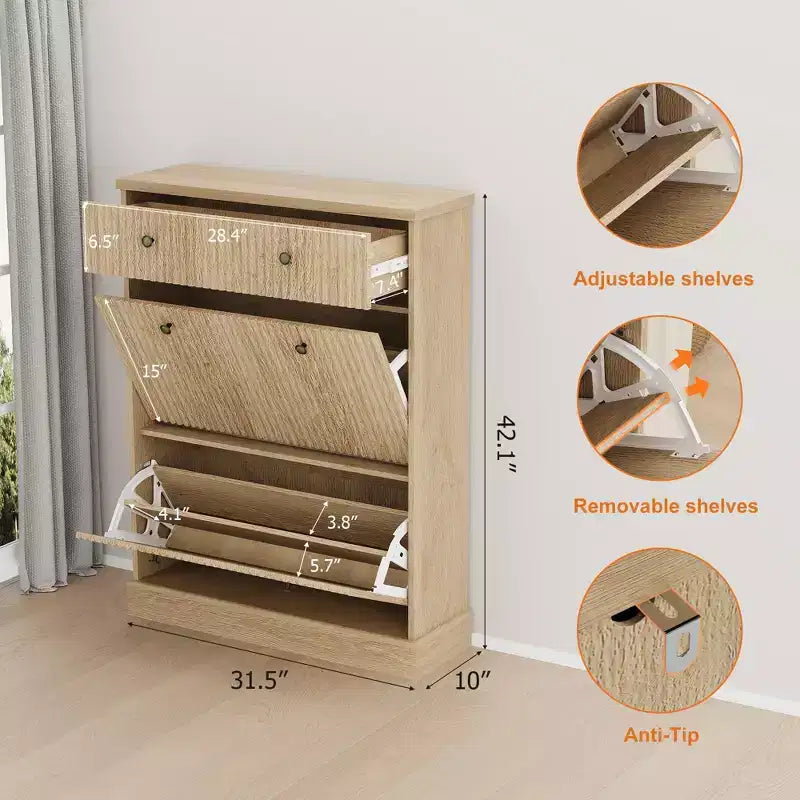 COZONY 42 Fluted Shoe Storage Cabinet with 2 Flip Drawers & Top Drawer, Narrow Wooden Organizer for Entryway