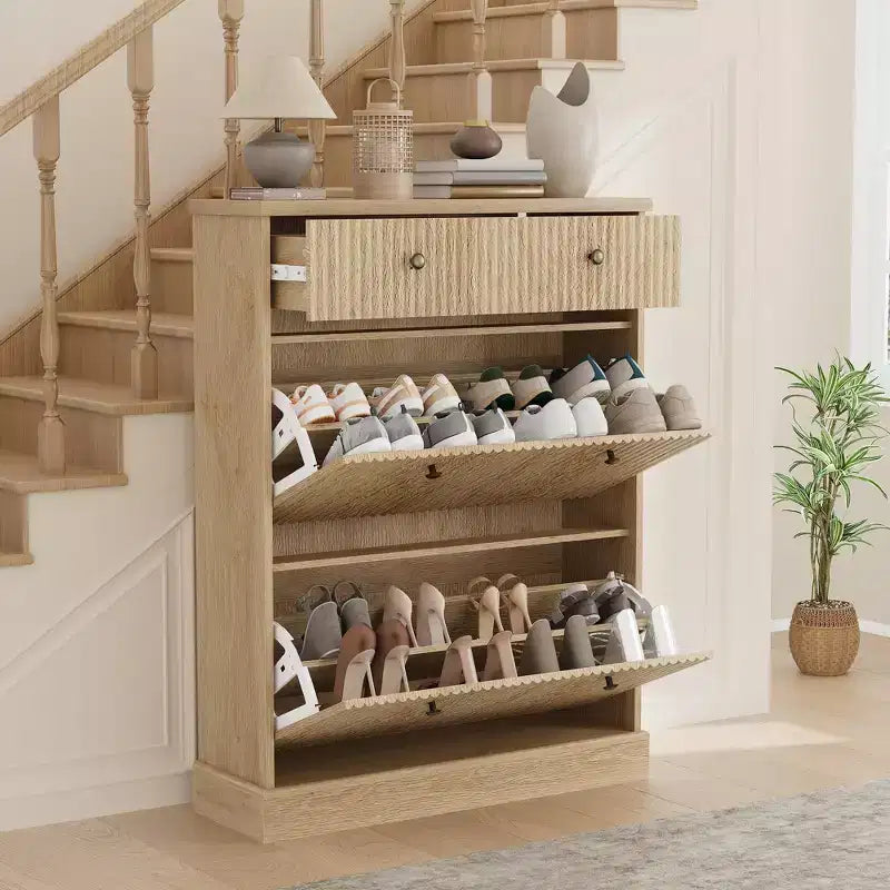 COZONY 42 Fluted Shoe Storage Cabinet with 2 Flip Drawers & Top Drawer, Narrow Wooden Organizer for Entryway