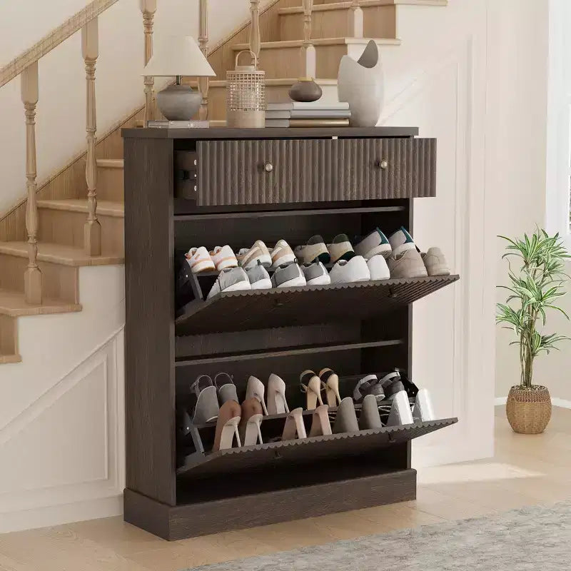 COZONY 42 Fluted Shoe Storage Cabinet with 2 Flip Drawers & Top Drawer, Narrow Wooden Organizer for Entryway