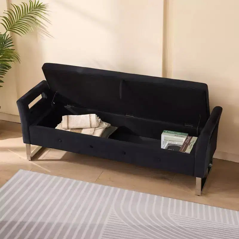 TUYOHW Modern Storage Bench with Velvet Upholstered End of Bed Bench with Armrests & Silver Leg Vanity Stool for Living Room, Bedroom, Entryway