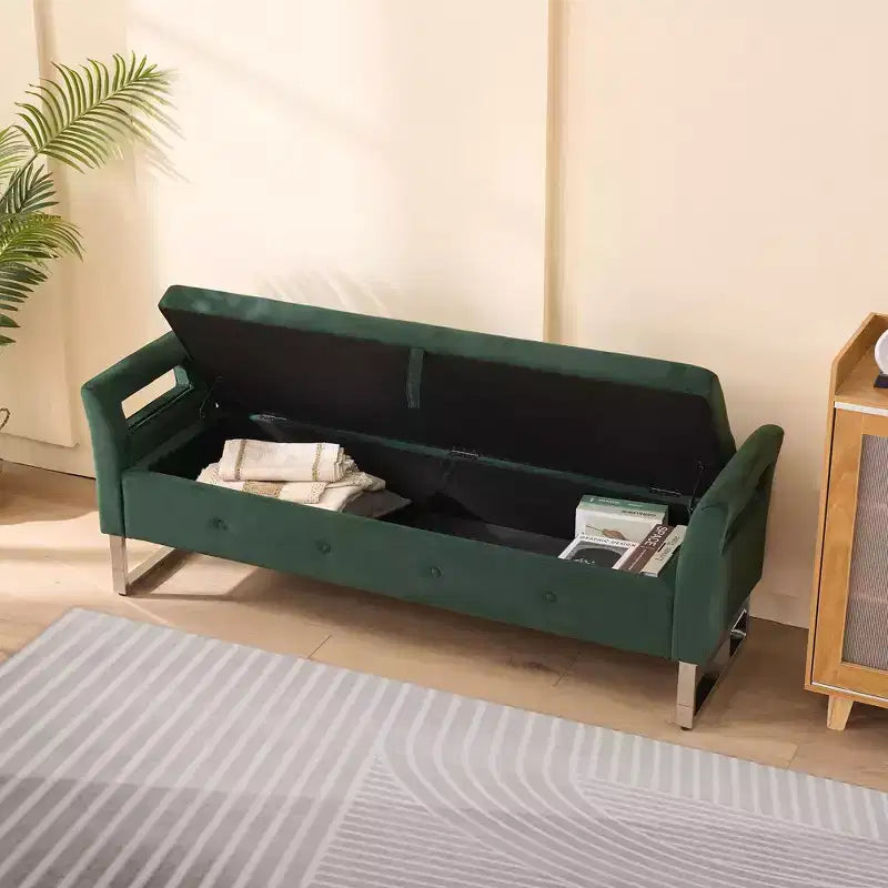 TUYOHW Modern Storage Bench with Velvet Upholstered End of Bed Bench with Armrests & Silver Leg Vanity Stool for Living Room, Bedroom, Entryway