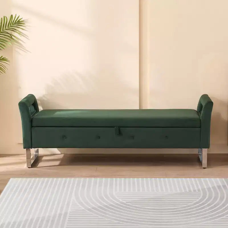 TUYOHW Modern Storage Bench with Velvet Upholstered End of Bed Bench with Armrests & Silver Leg Vanity Stool for Living Room, Bedroom, Entryway