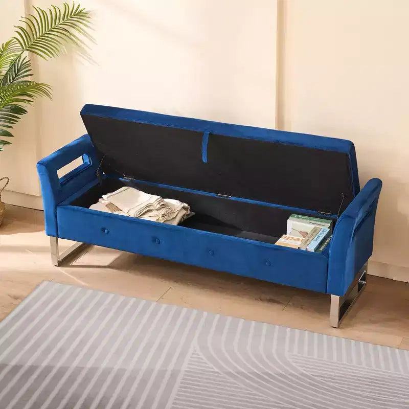 TUYOHW Modern Storage Bench with Velvet Upholstered End of Bed Bench with Armrests & Silver Leg Vanity Stool for Living Room, Bedroom, Entryway
