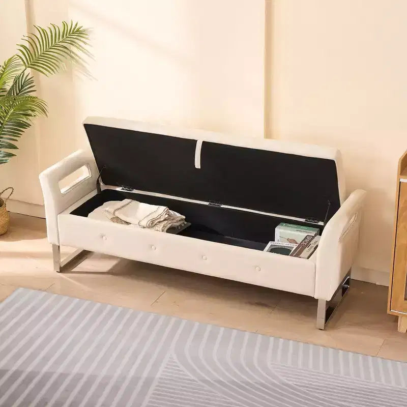 TUYOHW Modern Storage Bench with Velvet Upholstered End of Bed Bench with Armrests & Silver Leg Vanity Stool for Living Room, Bedroom, Entryway