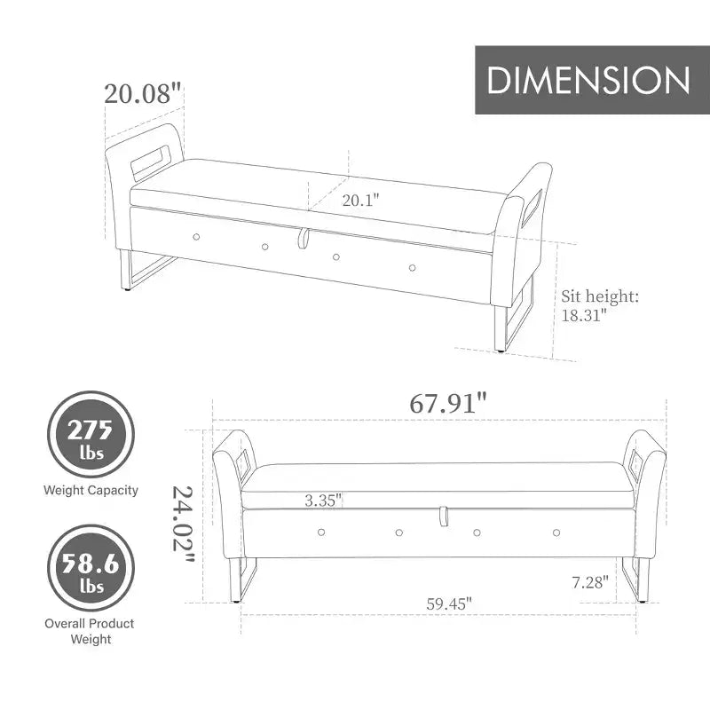 TUYOHW Modern Storage Bench with Velvet Upholstered End of Bed Bench with Armrests & Silver Leg Vanity Stool for Living Room, Bedroom, Entryway
