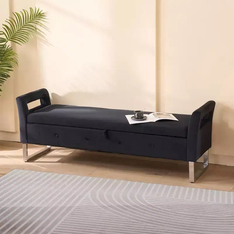 TUYOHW Modern Storage Bench with Velvet Upholstered End of Bed Bench with Armrests & Silver Leg Vanity Stool for Living Room, Bedroom, Entryway