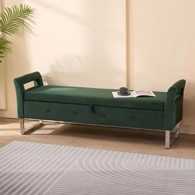 TUYOHW Modern Storage Bench with Velvet Upholstered End of Bed Bench with Armrests & Silver Leg Vanity Stool for Living Room, Bedroom, Entryway