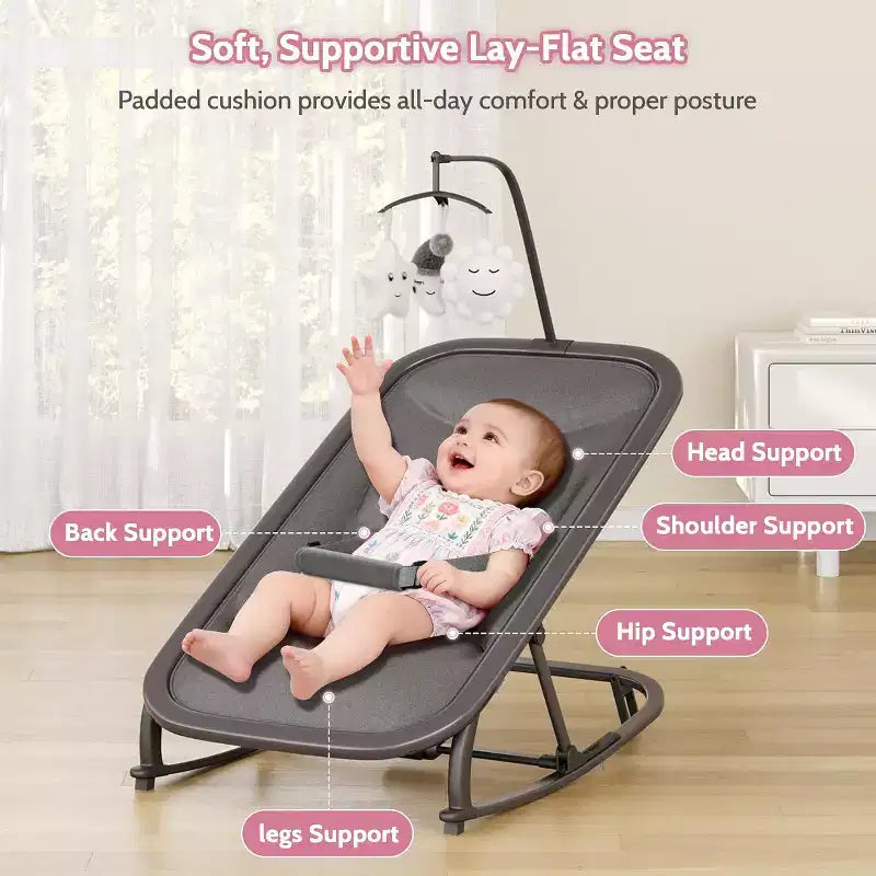 Baby Rocking Bassinet Infant Swing with Safety Harness & Hanging Toys, Black Soft Padded Newborn Lounger for Babies & Toddlers
