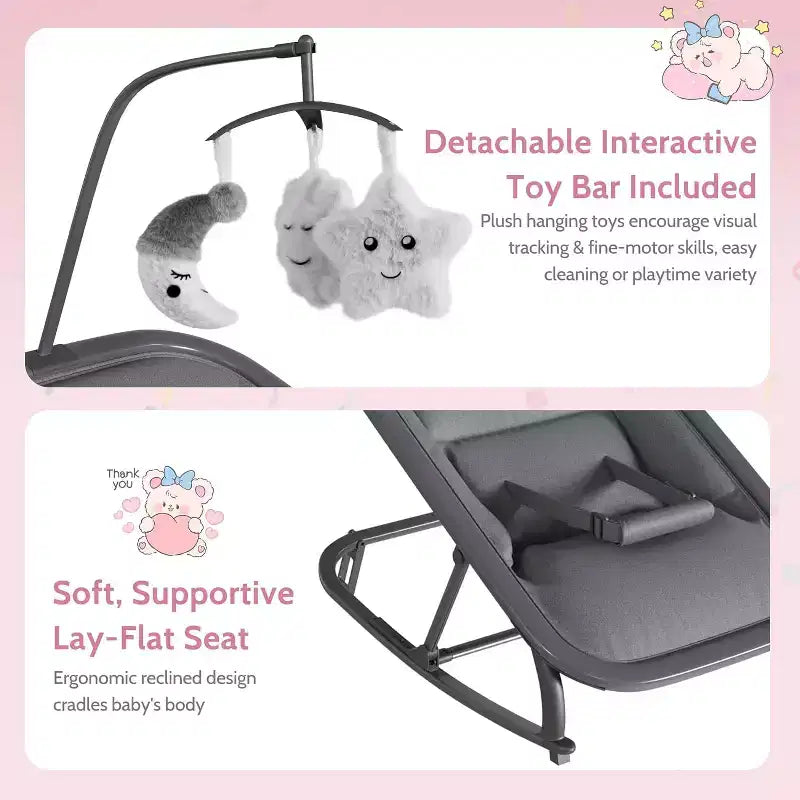 Baby Rocking Bassinet Infant Swing with Safety Harness & Hanging Toys, Black Soft Padded Newborn Lounger for Babies & Toddlers