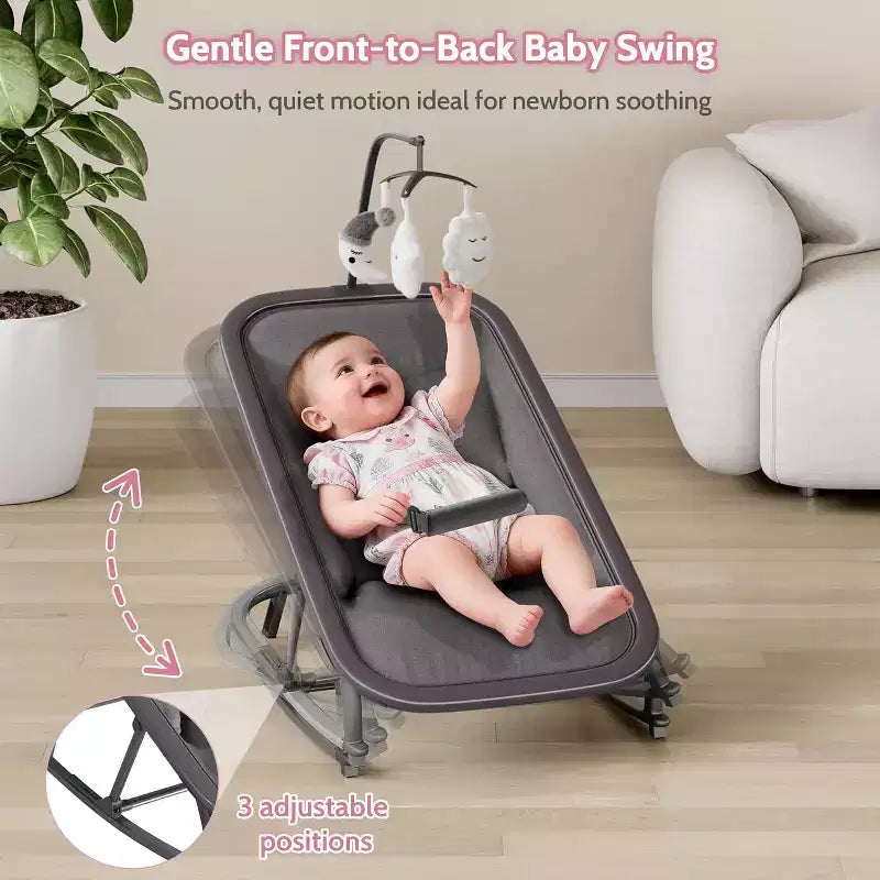Baby Rocking Bassinet Infant Swing with Safety Harness & Hanging Toys, Black Soft Padded Newborn Lounger for Babies & Toddlers