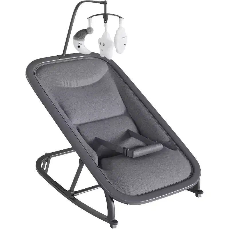 Baby Rocking Bassinet Infant Swing with Safety Harness & Hanging Toys, Black Soft Padded Newborn Lounger for Babies & Toddlers
