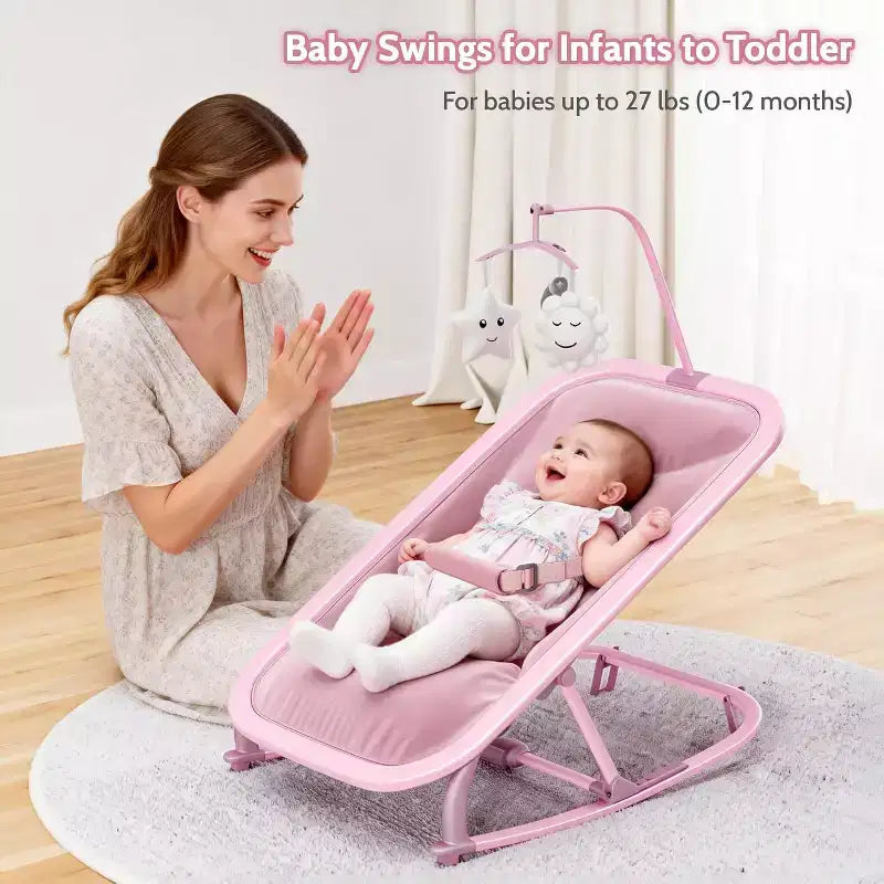 Baby Rocking Bassinet Infant Swing with Safety Harness & Hanging Toys, Black Soft Padded Newborn Lounger for Babies & Toddlers