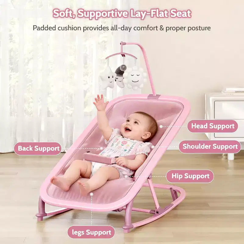 Baby Rocking Bassinet Infant Swing with Safety Harness & Hanging Toys, Black Soft Padded Newborn Lounger for Babies & Toddlers