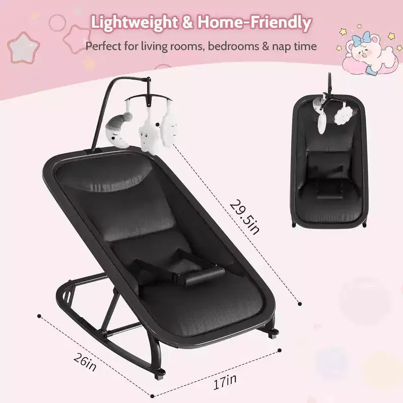 Baby Rocking Bassinet Infant Swing with Safety Harness & Hanging Toys, Black Soft Padded Newborn Lounger for Babies & Toddlers