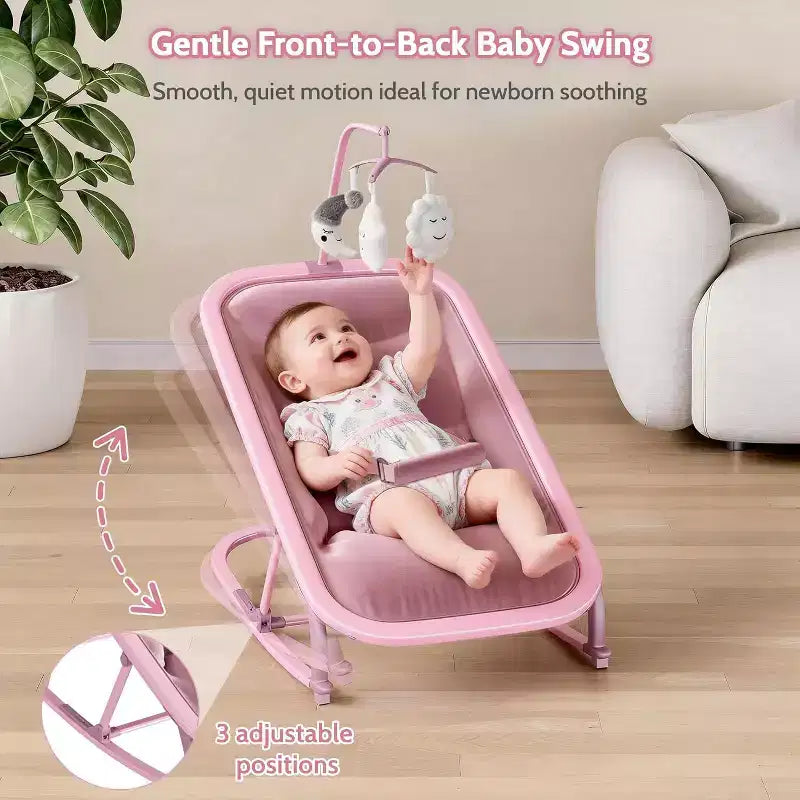Baby Rocking Bassinet Infant Swing with Safety Harness & Hanging Toys, Black Soft Padded Newborn Lounger for Babies & Toddlers
