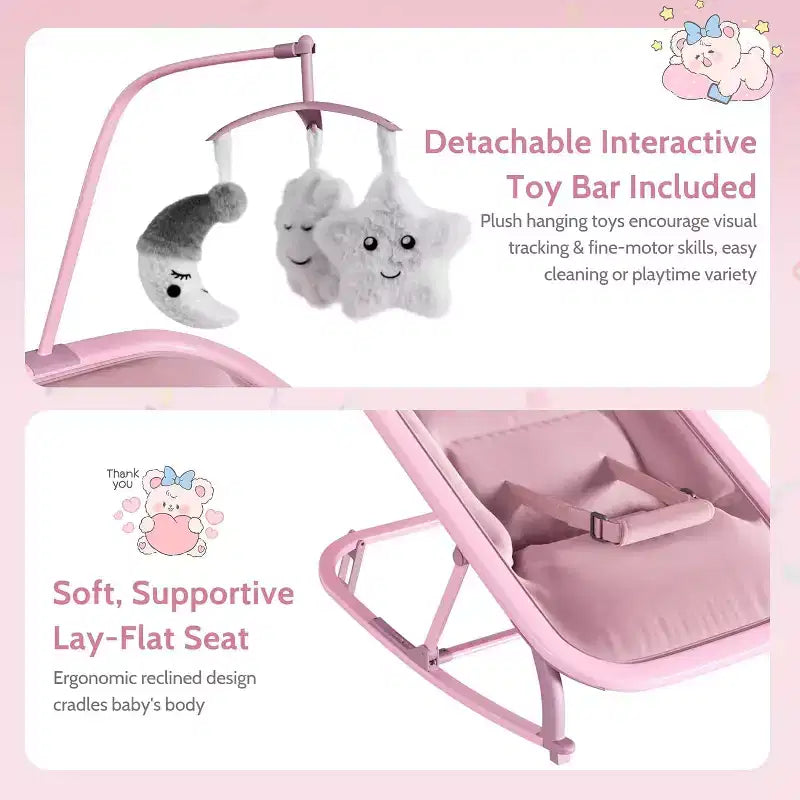 Baby Rocking Bassinet Infant Swing with Safety Harness & Hanging Toys, Black Soft Padded Newborn Lounger for Babies & Toddlers