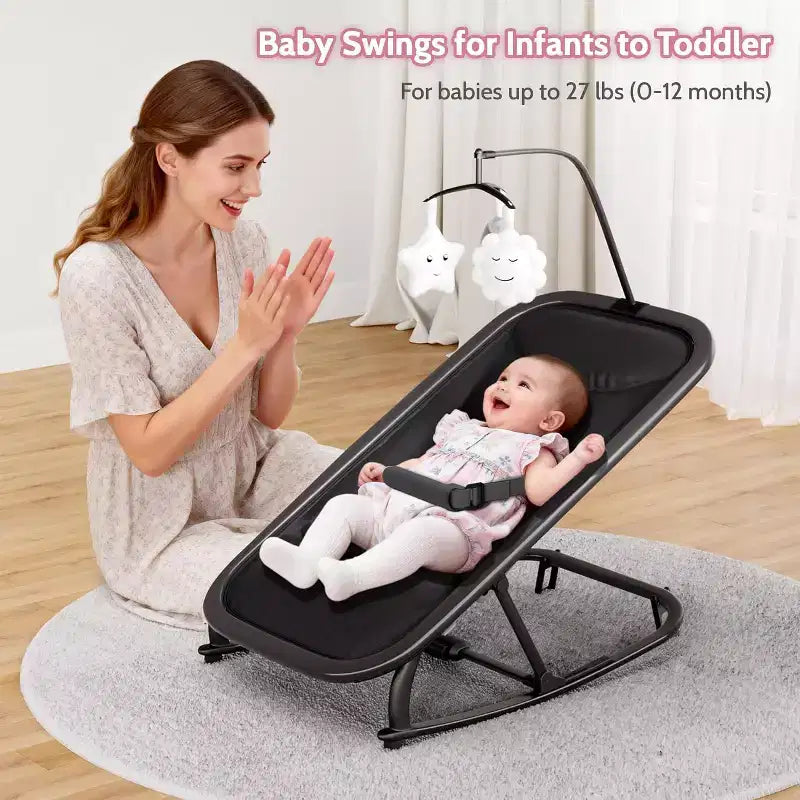 Baby Rocking Bassinet Infant Swing with Safety Harness & Hanging Toys, Black Soft Padded Newborn Lounger for Babies & Toddlers