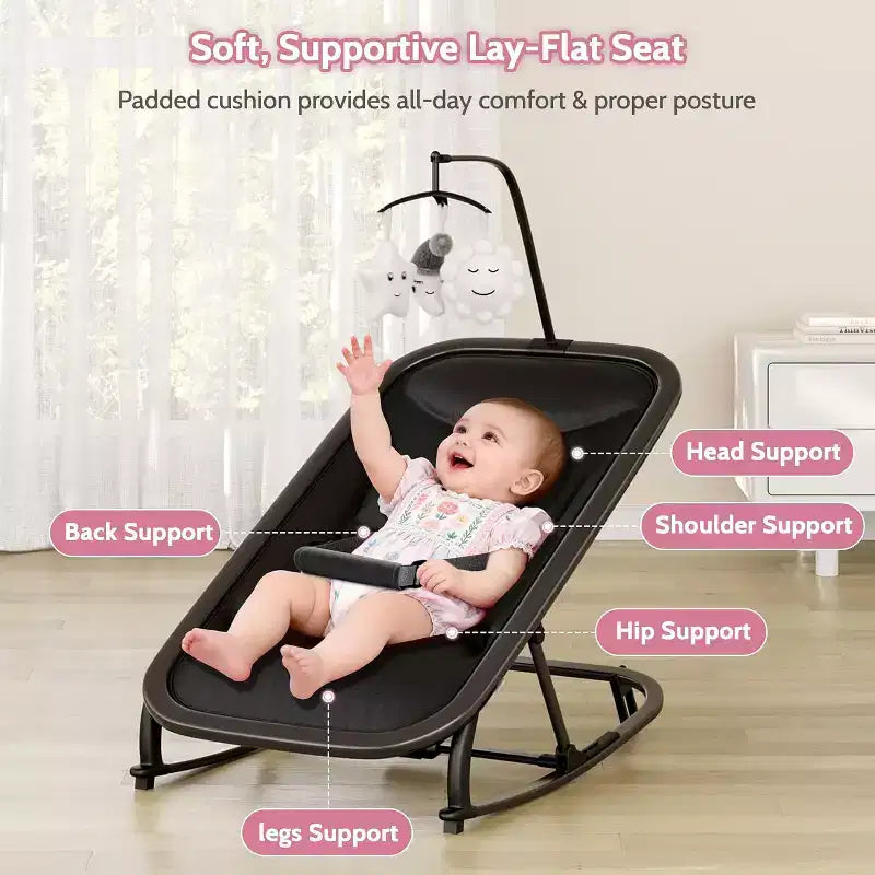 Baby Rocking Bassinet Infant Swing with Safety Harness & Hanging Toys, Black Soft Padded Newborn Lounger for Babies & Toddlers