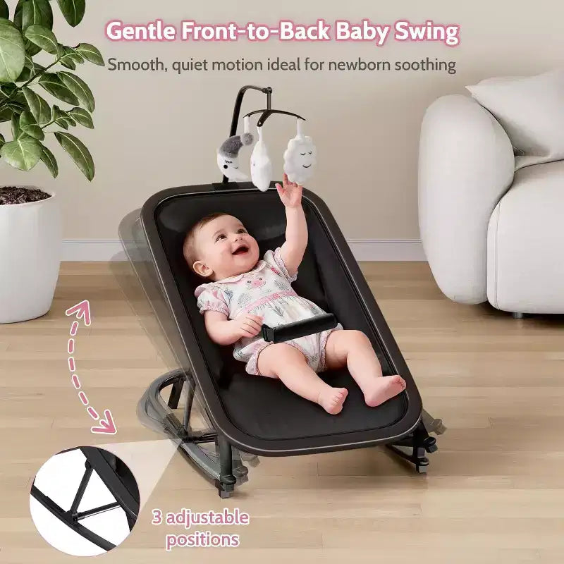 Baby Rocking Bassinet Infant Swing with Safety Harness & Hanging Toys, Black Soft Padded Newborn Lounger for Babies & Toddlers