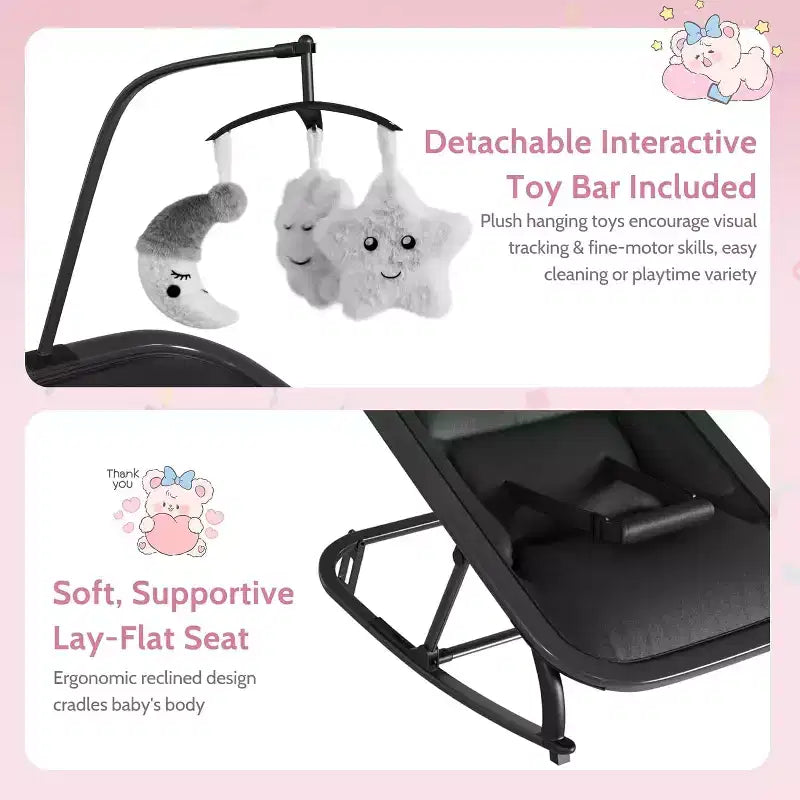 Baby Rocking Bassinet Infant Swing with Safety Harness & Hanging Toys, Black Soft Padded Newborn Lounger for Babies & Toddlers