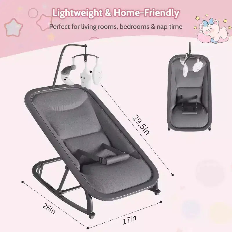 Baby Rocking Bassinet Infant Swing with Safety Harness & Hanging Toys, Black Soft Padded Newborn Lounger for Babies & Toddlers