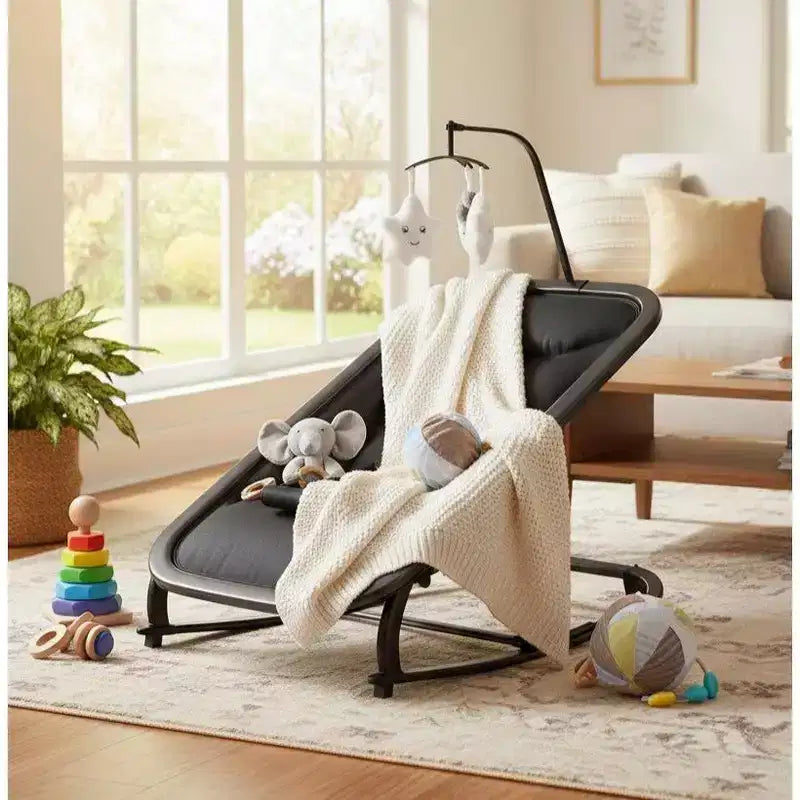 Baby Rocking Bassinet Infant Swing with Safety Harness & Hanging Toys, Black Soft Padded Newborn Lounger for Babies & Toddlers