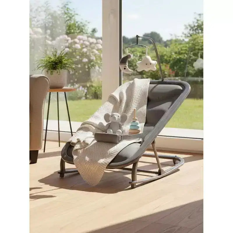 Baby Rocking Bassinet Infant Swing with Safety Harness & Hanging Toys, Black Soft Padded Newborn Lounger for Babies & Toddlers