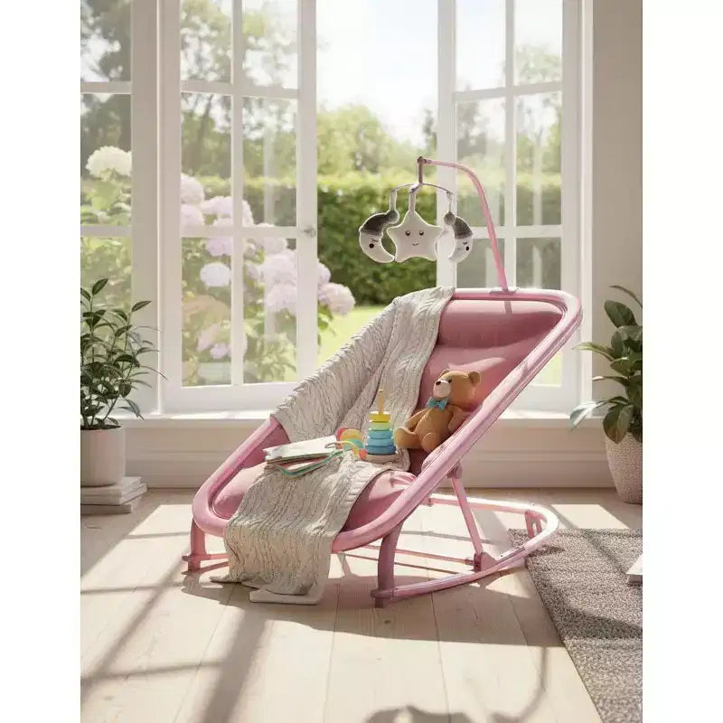 Baby Rocking Bassinet Infant Swing with Safety Harness & Hanging Toys, Black Soft Padded Newborn Lounger for Babies & Toddlers