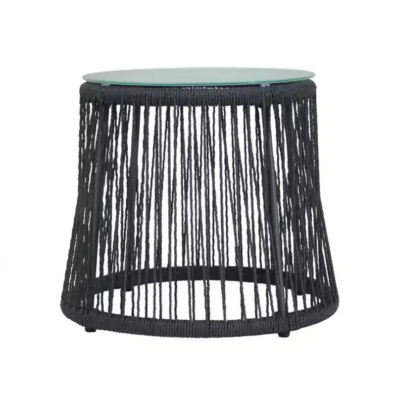 Woven Rope Side Table with Tempered Glass Top, Iron Frame Small Nightstand for Living Room Patio Bedroom