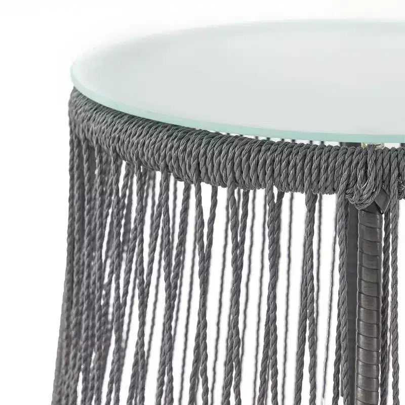Woven Rope Side Table with Tempered Glass Top, Iron Frame Small Nightstand for Living Room Patio Bedroom