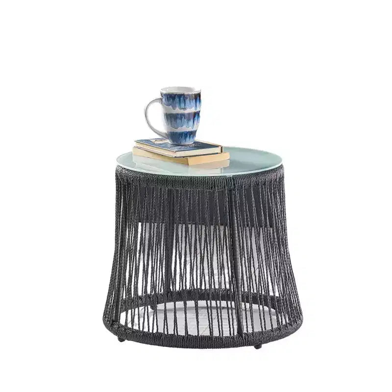 Woven Rope Side Table with Tempered Glass Top, Iron Frame Small Nightstand for Living Room Patio Bedroom