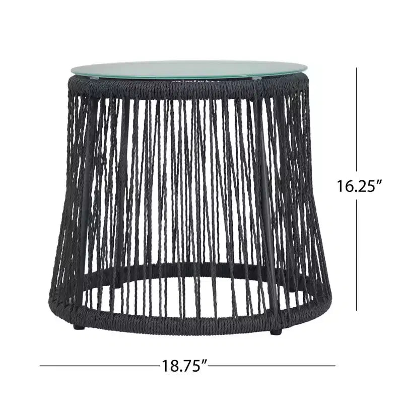 Woven Rope Side Table with Tempered Glass Top, Iron Frame Small Nightstand for Living Room Patio Bedroom