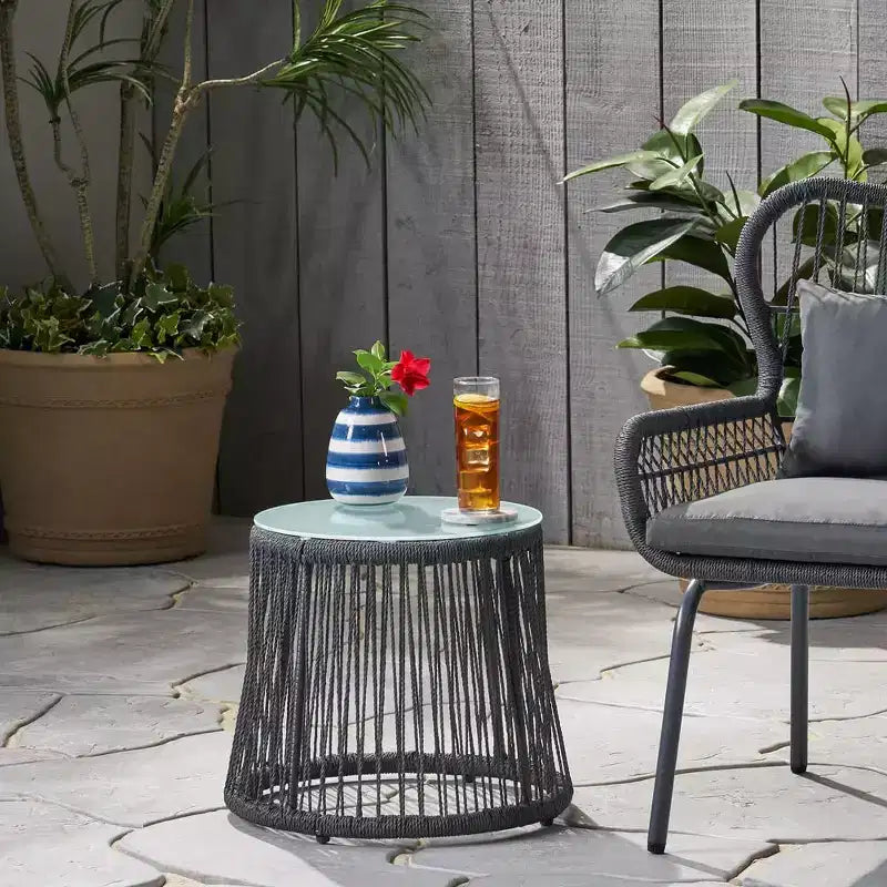 Woven Rope Side Table with Tempered Glass Top, Iron Frame Small Nightstand for Living Room Patio Bedroom