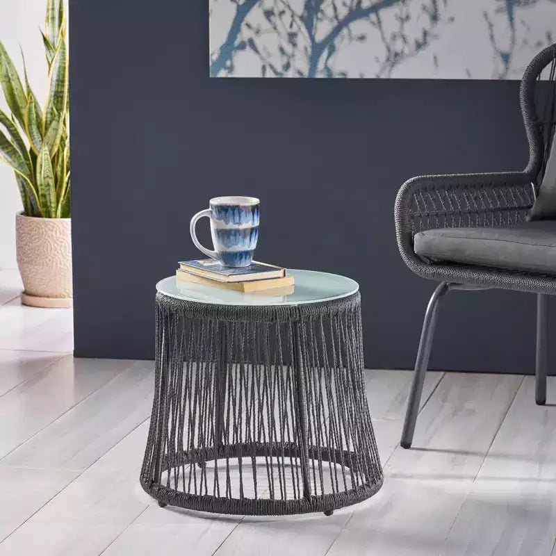Woven Rope Side Table with Tempered Glass Top, Iron Frame Small Nightstand for Living Room Patio Bedroom