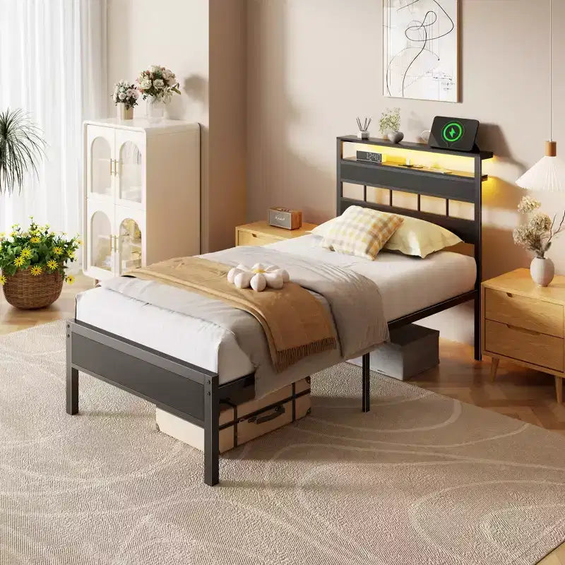 Twin Bed Frame with Charging Station LED Lights Storage Headboard Black Oak Wood Platform Bed Metal Slats Support No Box Spring Needed