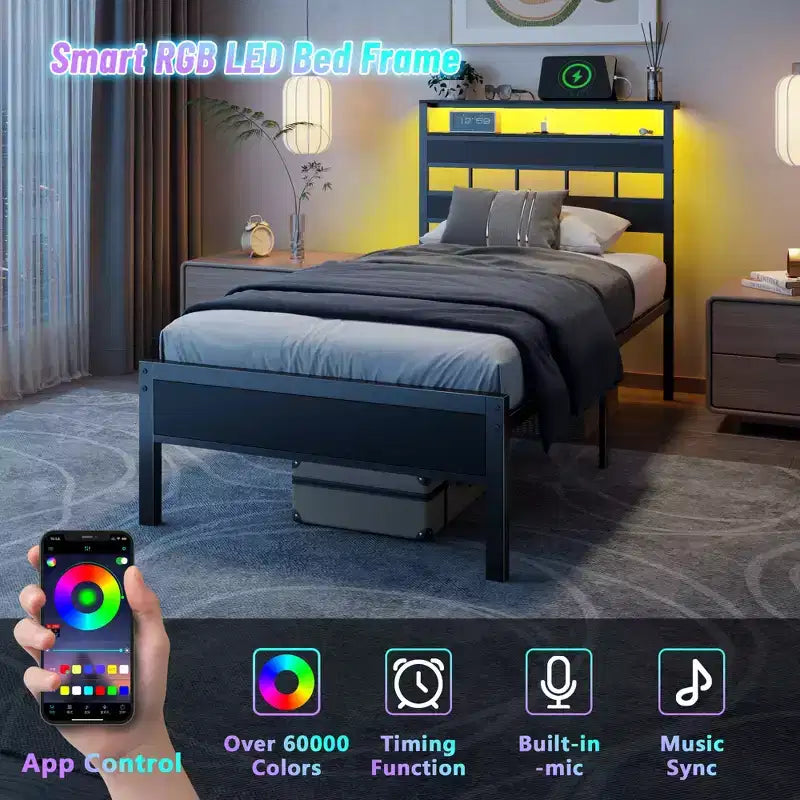 Twin Bed Frame with Charging Station LED Lights Storage Headboard Black Oak Wood Platform Bed Metal Slats Support No Box Spring Needed