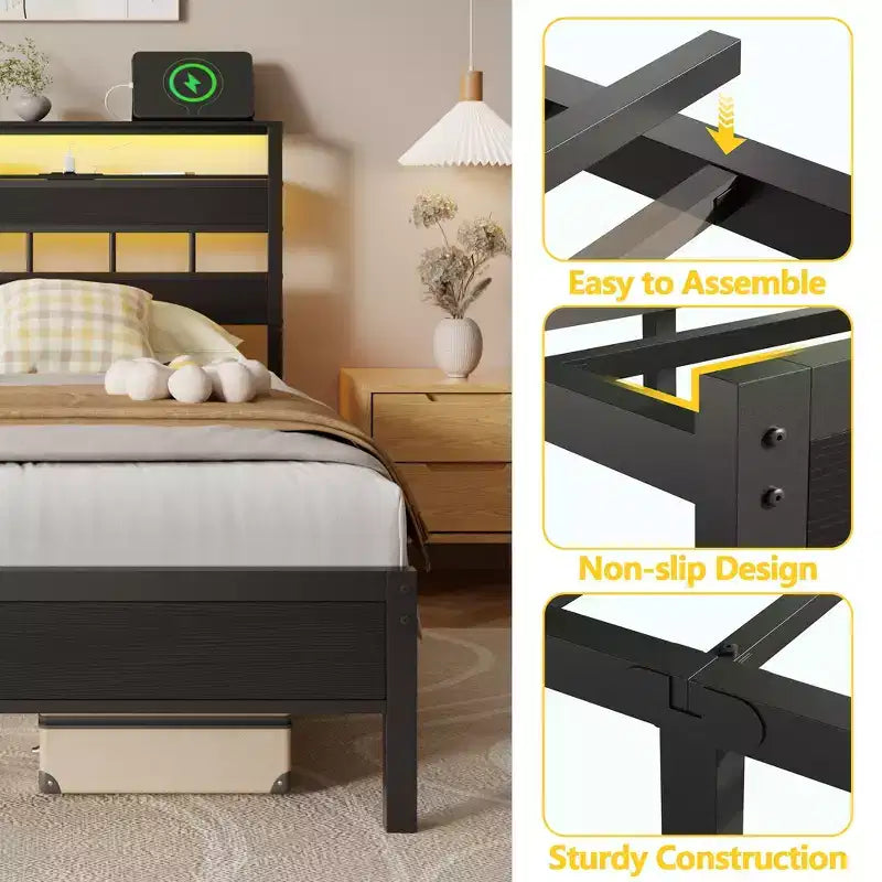 Twin Bed Frame with Charging Station LED Lights Storage Headboard Black Oak Wood Platform Bed Metal Slats Support No Box Spring Needed