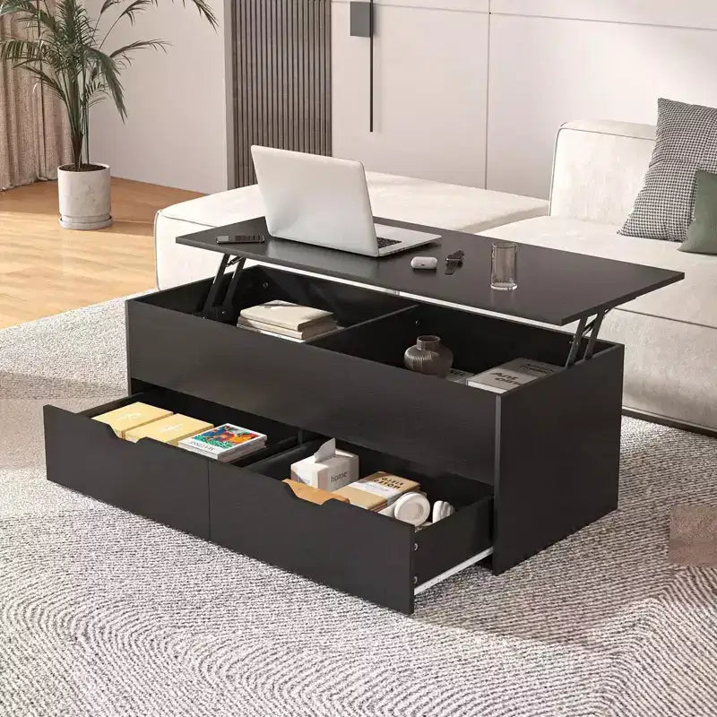 Lift Top Coffee Table with Hidden Compartment, 2 Drawers, and 3 Tiers Center Table for Living Room, Home Office, or Reception Room