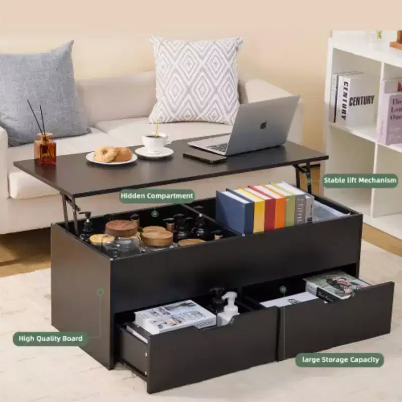 Lift Top Coffee Table with Hidden Compartment, 2 Drawers, and 3 Tiers Center Table for Living Room, Home Office, or Reception Room