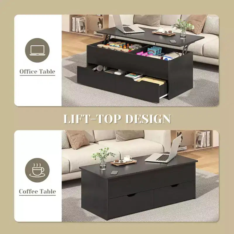 Lift Top Coffee Table with Hidden Compartment, 2 Drawers, and 3 Tiers Center Table for Living Room, Home Office, or Reception Room