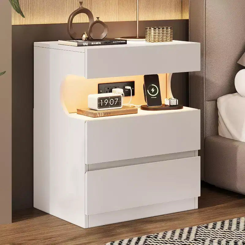 White Nightstand, Modern Bedside Table with Charging Station, 3 Drawer End Table with Ports & Outlets, U-Shape Open Shelf, White Night Stand