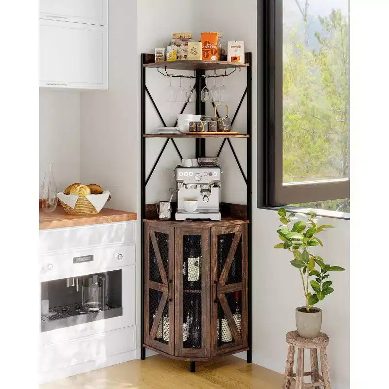 4-Tier Foldable Corner Wine Rack Cabinet, MDF & Metal Wine Storage Cabinet for, Compact Freestanding Wine Organizer
