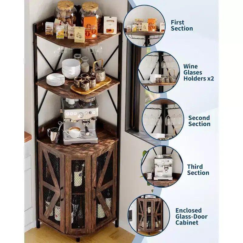4-Tier Foldable Corner Wine Rack Cabinet, MDF & Metal Wine Storage Cabinet for, Compact Freestanding Wine Organizer